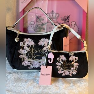 JUICY COUTURE JUICY IN BLOOM HOBO + WRISTLET
 BLACK LIQUORICE FLORAL RHINESTONES